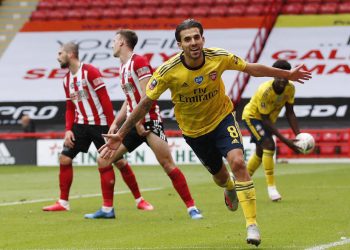 SHEFFIELD, ENGLAND - JUNE 28: Dani Ceballos of Arsenal celebrates after scoring his teams second goal during the FA Cup Fifth Quarter Final match between Sheffield United and Arsenal FC at Bramall Lane on June 28, 2020 in Sheffield, England. (Photo by Andrew Boyers/Pool via Getty Images)