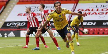 SHEFFIELD, ENGLAND - JUNE 28: Dani Ceballos of Arsenal celebrates after scoring his teams second goal during the FA Cup Fifth Quarter Final match between Sheffield United and Arsenal FC at Bramall Lane on June 28, 2020 in Sheffield, England. (Photo by Andrew Boyers/Pool via Getty Images)