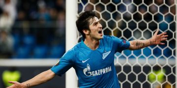 Sardar Azmoun of FC Zenit Saint Petersburg celebrates his goal during the UEFA Europa League Round of 32 second leg match between FC Zenit Saint Petersburg and Fenerbahce SK on February 21, 2019 at Saint Petersburg Stadium in Saint Petersburg, Russia. (Photo by Mike Kireev/NurPhoto via Getty Images)