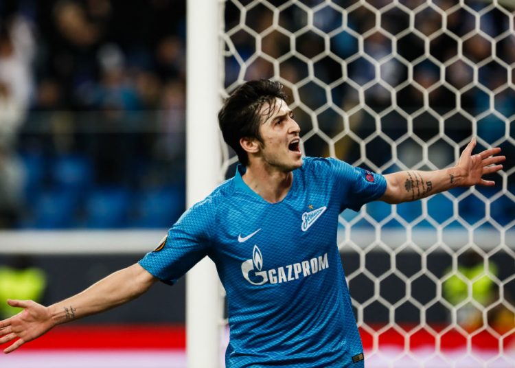 Sardar Azmoun of FC Zenit Saint Petersburg celebrates his goal during the UEFA Europa League Round of 32 second leg match between FC Zenit Saint Petersburg and Fenerbahce SK on February 21, 2019 at Saint Petersburg Stadium in Saint Petersburg, Russia. (Photo by Mike Kireev/NurPhoto via Getty Images)