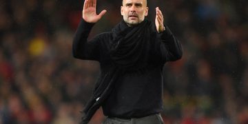 MANCHESTER, ENGLAND - MARCH 08: Manchester City manager Pep Guardiola looks on after during the Premier League match between Manchester United and Manchester City at Old Trafford on March 08, 2020 in Manchester, United Kingdom. (Photo by Michael Regan/Getty Images)