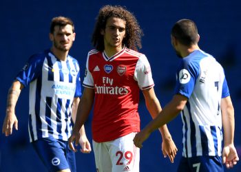 BRIGHTON, ENGLAND - JUNE 20: Matteo Guendouzi of Arsenal confronts Neal Maupay of Brighton and Hove Albion during the Premier League match between Brighton & Hove Albion and Arsenal FC at American Express Community Stadium on June 20, 2020 in Brighton, England. Football Stadiums around Europe remain empty due to the Coronavirus Pandemic as Government social distancing laws prohibit fans inside venues resulting in all fixtures being played behind closed doors. (Photo by Mike Hewitt/Getty Images)