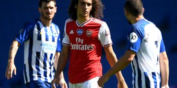 BRIGHTON, ENGLAND - JUNE 20: Matteo Guendouzi of Arsenal confronts Neal Maupay of Brighton and Hove Albion during the Premier League match between Brighton & Hove Albion and Arsenal FC at American Express Community Stadium on June 20, 2020 in Brighton, England. Football Stadiums around Europe remain empty due to the Coronavirus Pandemic as Government social distancing laws prohibit fans inside venues resulting in all fixtures being played behind closed doors. (Photo by Mike Hewitt/Getty Images)