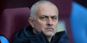 BIRMINGHAM, ENGLAND - FEBRUARY 16: Jose Mourinho of Tottenham Hotspur looks on ahead of the Premier League match between Aston Villa and Tottenham Hotspur at Villa Park on February 16, 2020 in Birmingham, United Kingdom. (Photo by Laurence Griffiths/Getty Images)