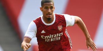 LONDON, ENGLAND - SEPTEMBER 05: William Saliba of Arsenal during a pre season friendly between Arsenal and Aston Villa at Emirates Stadium on September 05, 2020 in London, England. (Photo by Stuart MacFarlane/Arsenal FC via Getty Images)
