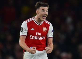 Arsenal's Scottish defender Kieran Tierney celebrates on the pitch after the UEFA Europa League Group F football match between Arsenal and Standard Liege at the Arsenal Stadium in London on October 3, 2019. - Arsenal won the game 4-0. (Photo by Glyn KIRK / AFP) (Photo by GLYN KIRK/AFP via Getty Images)