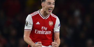 Arsenal's Scottish defender Kieran Tierney celebrates on the pitch after the UEFA Europa League Group F football match between Arsenal and Standard Liege at the Arsenal Stadium in London on October 3, 2019. - Arsenal won the game 4-0. (Photo by Glyn KIRK / AFP) (Photo by GLYN KIRK/AFP via Getty Images)