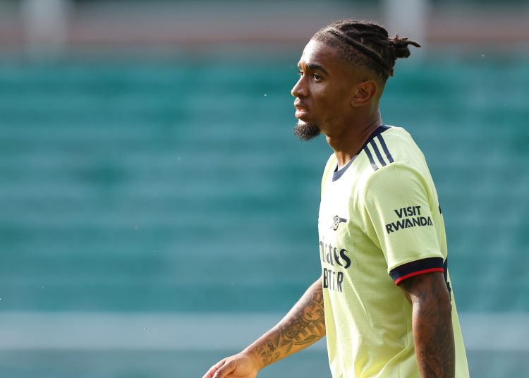 EDINBURGH, SCOTLAND - JULY 13: Reiss Nelson of Arsenal during a pre-season friendly between Hibernian and Arsenal at Easter Road on July 13, 2021 in Edinburgh, Scotland. (Photo by Matthew Ashton - AMA/Getty Images)